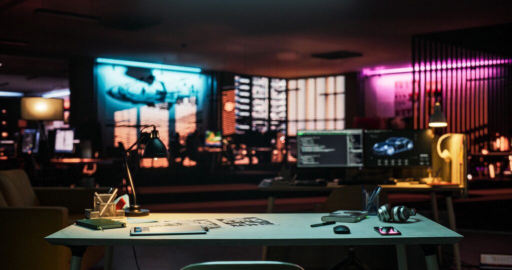 Wide Shot of Desk with Smartphone, Laptop Computer and Notebook, Placed in an Empty Creative Office at Night. Modern Open Space Lit By Neon Lights for Game Development and Visual Media Production
