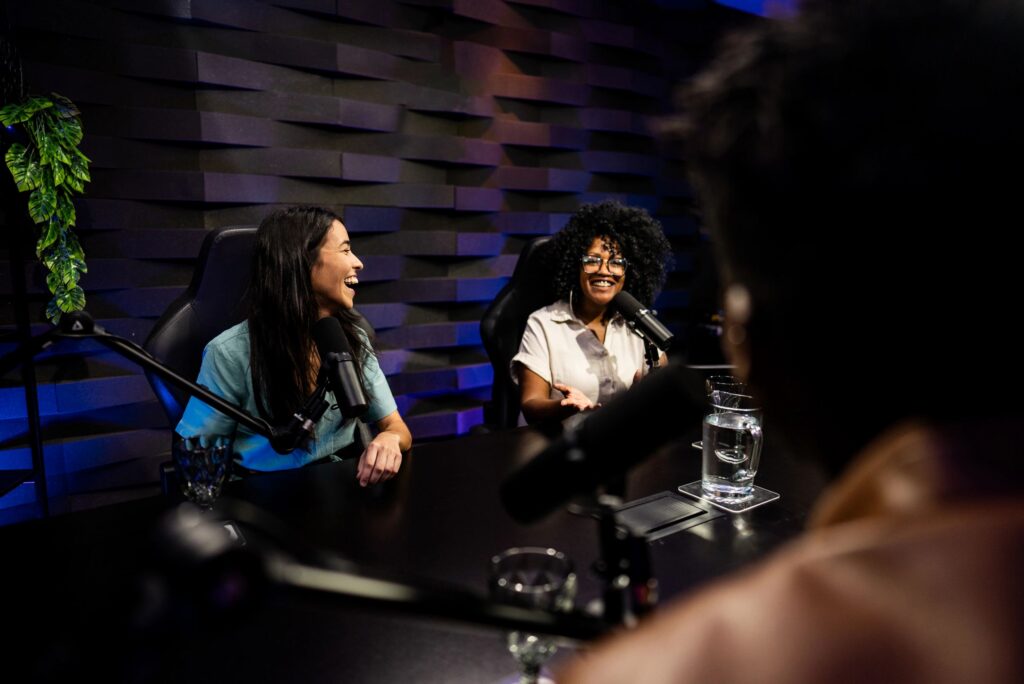 People talking during a podcast at studio