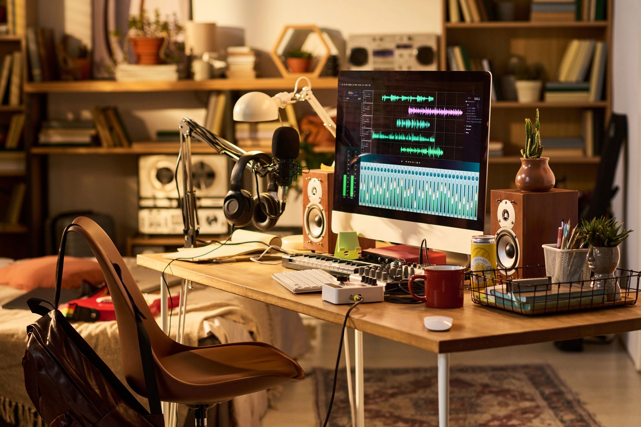Music production workspace with computer, headphones, and recording gear
